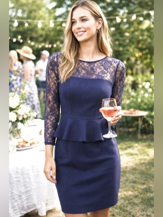David Meister Dresses & Skirts - David Meister Navy Lace Long-Sleeve Peplum Sheath Dress